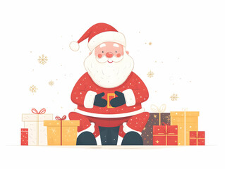 Delightful Flat Santa Unwrapping Gifts in Soft Bokeh Lights - Celebrate Holiday Cheer with Joyful Expressions and Magical Surprises in Vector Illustration