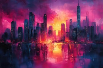 Fototapeta premium vibrant cityscape bursting with abstract energy swirling brushstrokes and bold color blocks create a dynamic urban symphony of movement and light