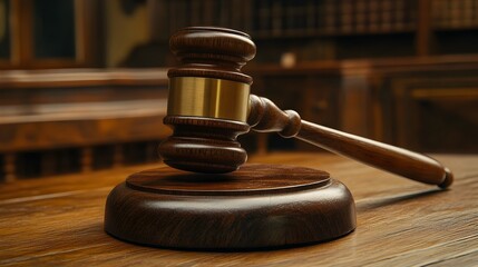 Wooden Gavel on Table in Courtroom for Legal Proceedings and Judicial Decisions