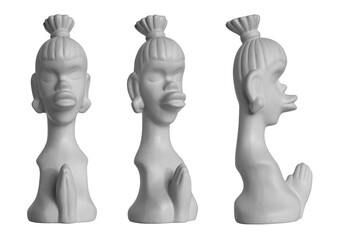 Abstract white plaster statuette of a girl of African appearance. Statue as decoration in the interior. Isolated object on a transparent background