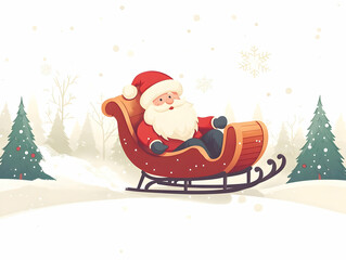 Flat Santas Sleigh Ride Concept: Santa in Sleigh Gliding Through Blurred Winter Landscape - Exciting Motion in Simple Vector Illustration
