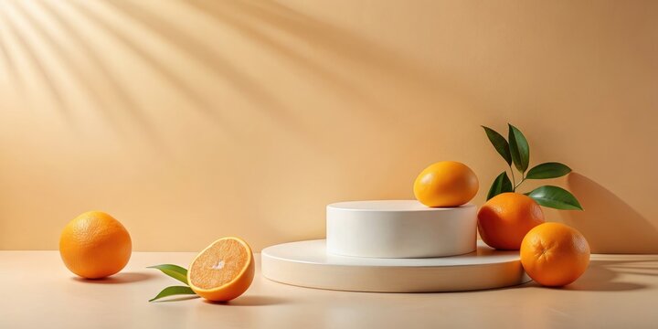 Summer product presentation mockup with empty podium and orange fruits on beige background , mockup, concept
