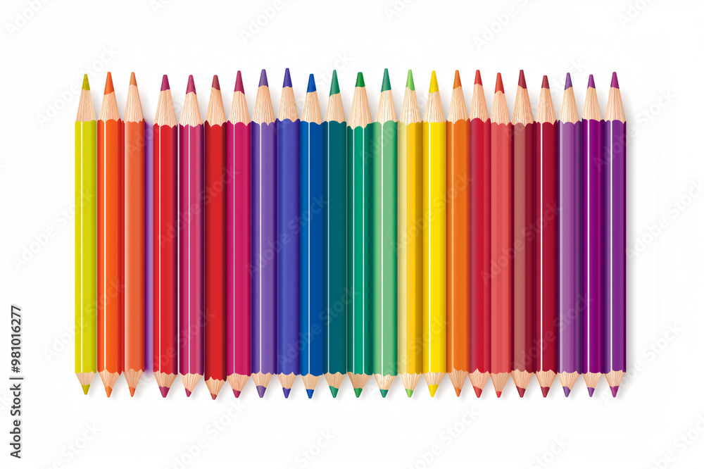 Poster colored pencils arranged in a gradient from red to violet on a white background