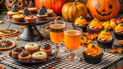 Spooky spread of orange and black treats, including cupcakes, cookies, and candy, alongside witch's brew punch and