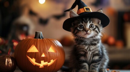 Kitten wearing halloween witch hat sitting next to carved pumpkin with spooky decorations