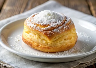 Golden-brown pastry with a light and sweet crumb, sprinkled with powdered sugar on a white plate