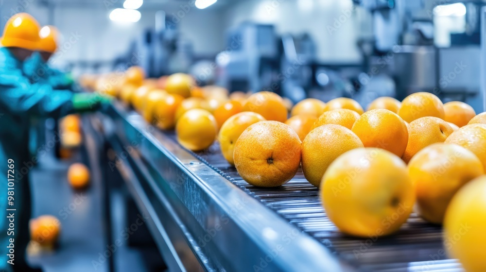 Poster technologists in a modern factory observe fruit being processed by machines, focusing on quality and