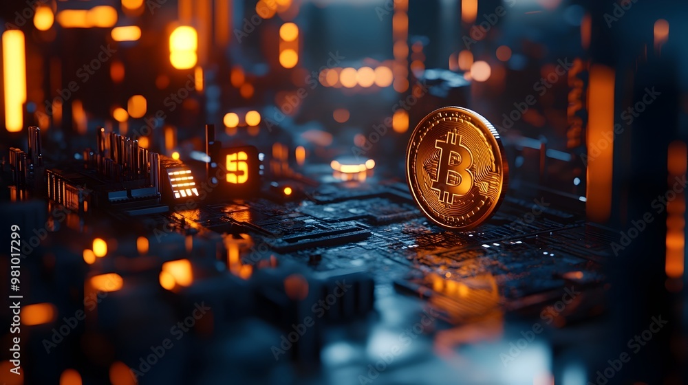 Poster glowing bitcoin coin on circuit board in dark digital currency and blockchain technology concept