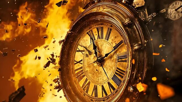 Close-up shot of an antique clock engulfed in fiery explosion and debris. The clock's intricate details are visible. The intense, chaotic scene creates a dramatic, urgent mood.