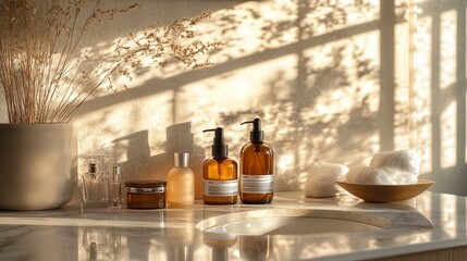 Amber glass bottles with pump for skincare routine on marble countertop in modern bathroom