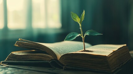 Flourishing in Faith. A plant grows from the Bible, symbolizing spiritual growth through God's Word.
