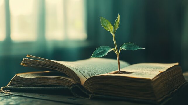 Flourishing in Faith. A plant grows from the Bible, symbolizing spiritual growth through God's Word.
