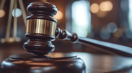 Wooden Gavel of Justice on Courtroom Desk with Legal Documents