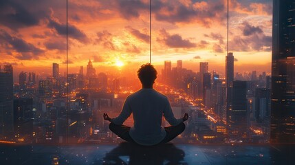 Man meditating in lotus position facing city skyline at sunset - Powered by Adobe