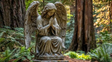 Fototapeta premium A sculpture of an angel kneeling with hands together in prayer, set against a backdrop of tall, ancient trees in a quiet forest.