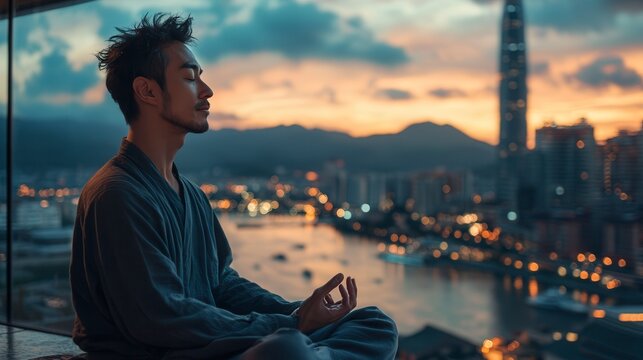 Young man meditating on balcony overlooking city at sunset
