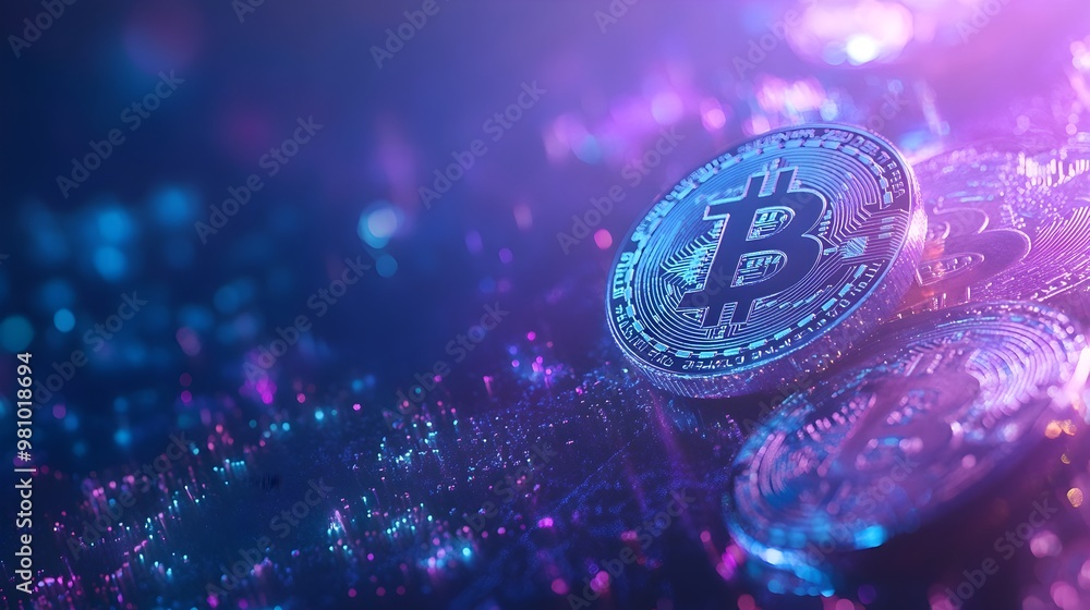 Aufkleber glowing bitcoin coin on futuristic blockchain network background