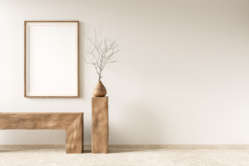 Mock up poster frame in Scandinavian style interior. Minimalist livingroom with wooden furnitures. 3D illustration © Salih