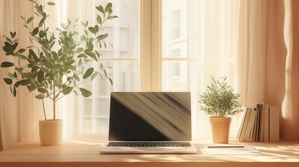 Fototapeta premium Modern laptop on a wooden desk by window with plants, minimalist home office