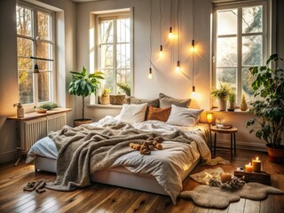 Soft morning light creeps through the window, illuminating the unmade bed with rumpled sheets and scattered pillows, inviting relaxation in the cozy bedroom.
