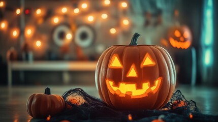 Fototapeta premium Spooky Halloween Pumpkin Amidst Festive Decorations