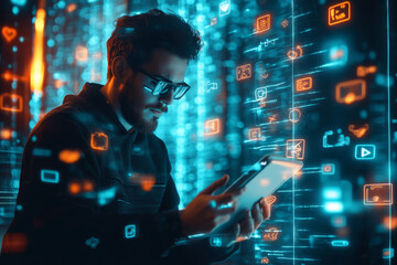 Businessman using a tablet while like social media