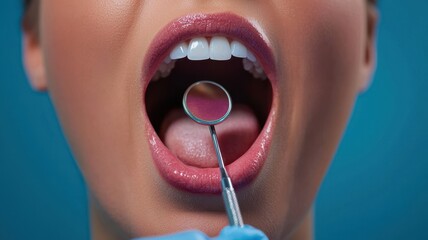 Close-up of a patient's mouth open wide, revealing teeth and a dental mirror used for examination and hygiene check.