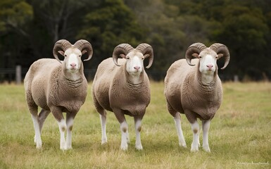Fototapeta premium Portrait of Stud Merino Rams at Merino Stud, Capturing Majestic Sheep in Pastoral Landscape, Highlighting Unique Wool Characteristics and Breed Excellence