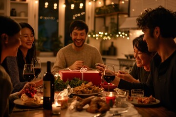 Adult friends celebrating Christmas together, sharing gifts in a warm, cheerful atmosphere filled with joy and laughter. The scene captures the essence of bonding, friendship, and togetherness