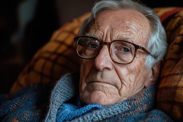 An elderly man in glasses looks at the camera. Sad and sorrowful eyes. Stock Photography for Aging, Contemplation, and Nostalgia Themes.