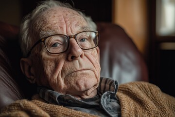 An elderly man in glasses looks at the camera. Sad and sorrowful eyes. Stock Photography for Aging, Contemplation, and Nostalgia Themes.