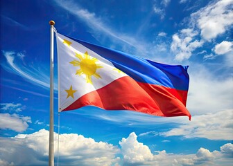 The Tricolor Philippine flag flaps confidently against a radiant blue sky, its striking red, white, and blue hues exuding patriotism and national pride.