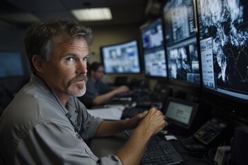 Fototapeta premium A man is seen attentively monitoring weather patterns and flood situations on several computer screens in a command center, epitomizing the importance of technology in disaster management.