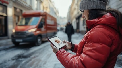 Young woman signing for delivery on digital tablet in winter city