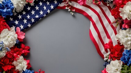 Obraz premium Patriotic American Flag with Red, White, and Blue Flowers Decor