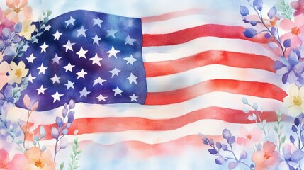 Fototapeta premium Watercolor Illustration of American Flag with Floral Border