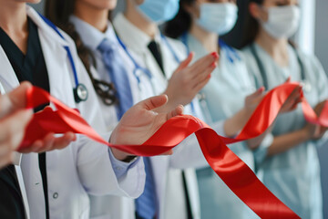 Ribbon cutting ceremony at hospital entrance, doctors and nurses clapping, healthcare workers celebrating.