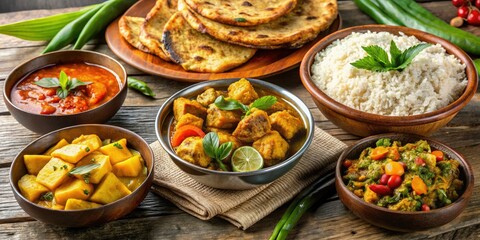 Vibrant array of Guyanese cuisine with pepperpot, roti, metemgee, and plantain