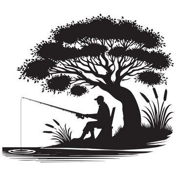 black silhouette fisherman fishing under tree