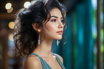 Fototapeta premium Profile portrait of beautiful elegant Asian young adult woman in evening dress and earrings.