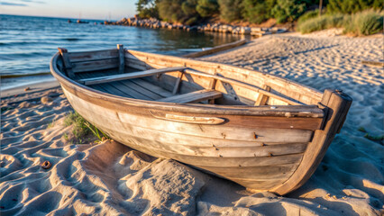 Obraz premium Old wooden boat resting on a sandy shore, weathered and worn, rustic coastal scene