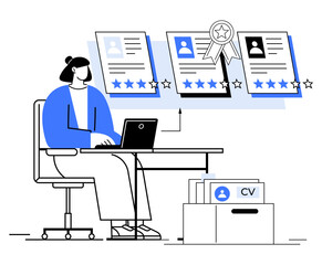 A person at a desk using a laptop to review several resumes. Stars and a ribbon indicate high ratings. A file drawer labeled CV is nearby. Ideal for recruitment, hiring, talent acquisition, job