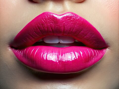 Vibrant pink lips glisten with a glossy finish against a clean, neutral backdrop, drawing attention to the soft curves and bold color.