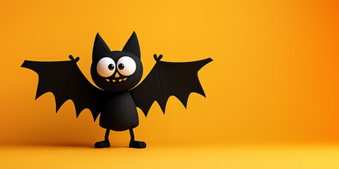 Playful cartoon bat with a mischievous grin spreads its wings against a bright orange background.The adorable and fun design adds a lighthearted touch to Halloween celebrations,cheerful greeting cards