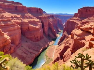 Stunning view of the winding river through the breathtaking red rock canyons under a clear blue sky during midday. Generative AI