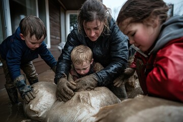A mother and her children work together to pile sandbags in defense against floodwaters threatening their home, portraying familial unity and strength.
