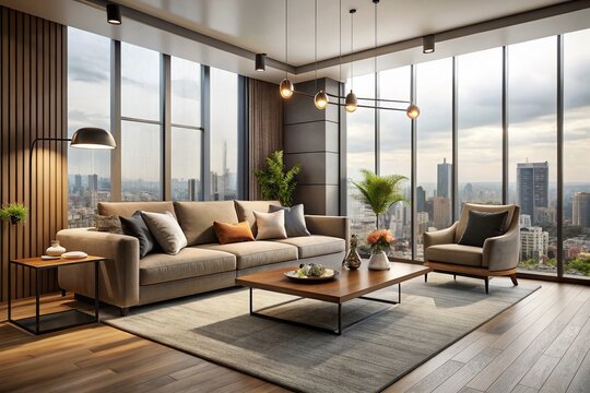 Stylish modern interior with neutral tones, sleek lines, and minimalist decor, featuring a comfortable sofa, coffee