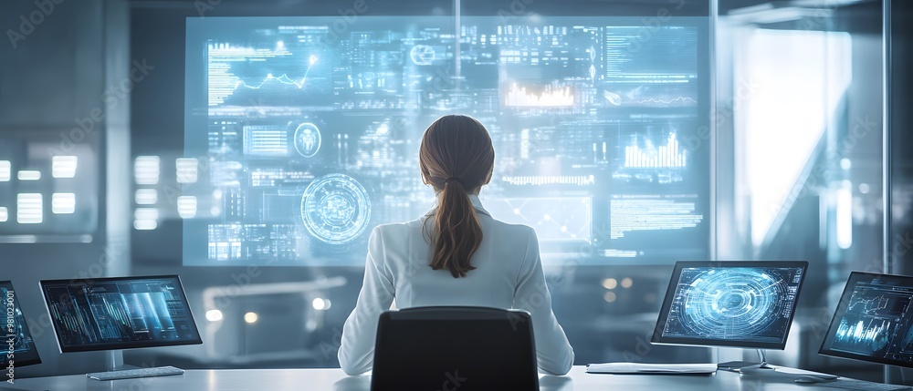 Poster a professional woman analyzing data in a high-tech control room with multiple screens displaying dig
