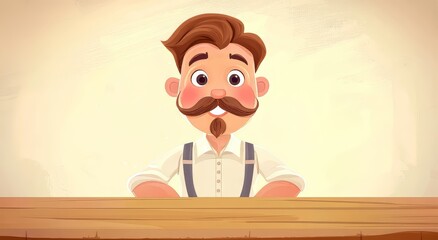 Cheerful cartoon man with a mustache and suspenders, smiling at the viewer.