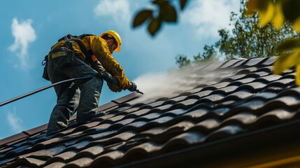 Roof cleaning, washing, under high pressure, ensuring renewal, and maintenance, outdoors on a sunny day, cleaning service concept